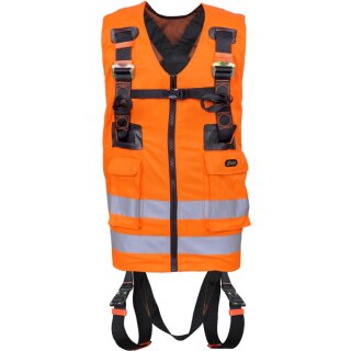 REFLEX 1, Zweipunktauffanggurt mit hochsichtbarer orangefarbener Arbeitsweste mit mehreren Taschen